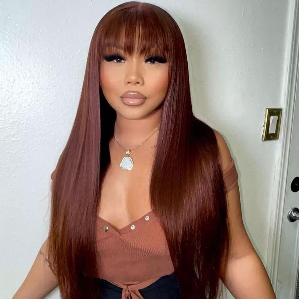 Ying Dark Reddish Brown Human Hair Wigs With Bangs 13X6 13X4 Straight/ Body Wave Lace Frontal Wig For Women HD Transparent 5x5 4X4 Lace Closure Wig