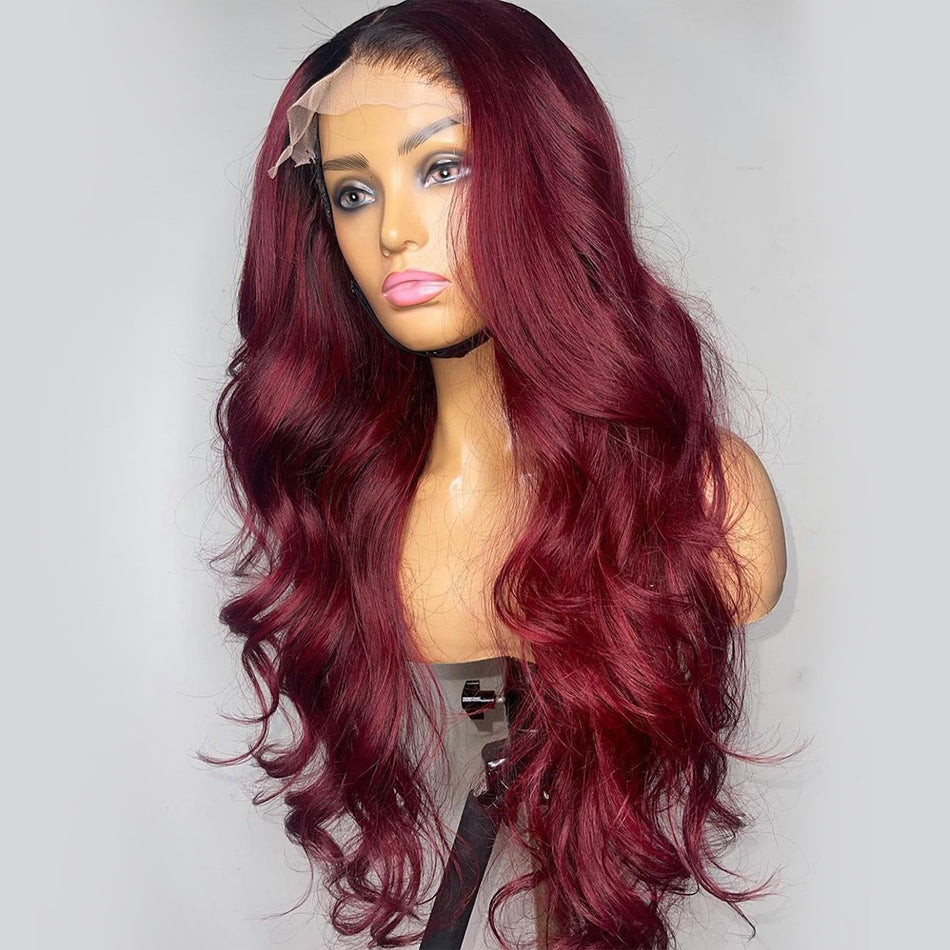 Ying Ombre Burgundy Red with Black Roots Lace Front Wigs Human Hair 13X4 13X6 Body Wave HD Transparent Lace Frontal Wig Human Hair Glueless Lace Closure Wig Pre Plucked