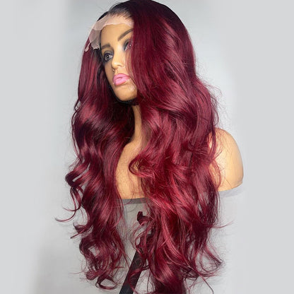 Ying Ombre Burgundy Red with Black Roots Lace Front Wigs Human Hair 13X4 13X6 Body Wave HD Transparent Lace Frontal Wig Human Hair Glueless Lace Closure Wig Pre Plucked