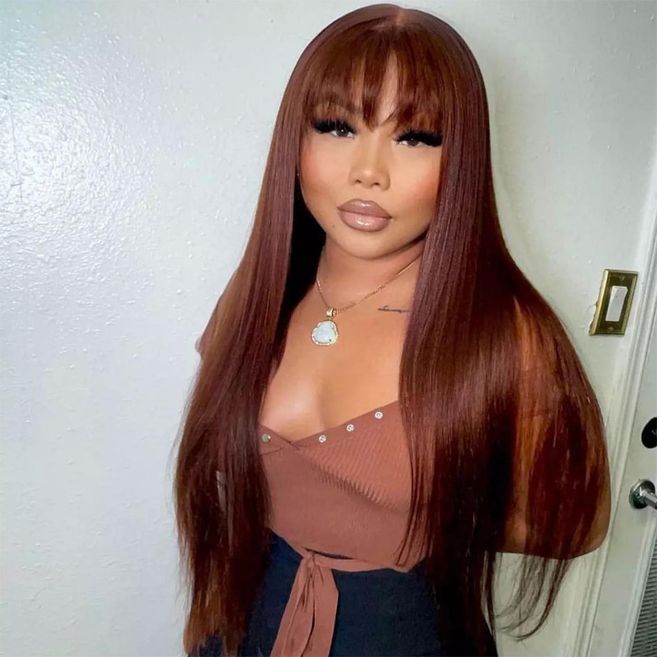 Ying Dark Reddish Brown Human Hair Wigs With Bangs 13X6 13X4 Straight/ Body Wave Lace Frontal Wig For Women HD Transparent 5x5 4X4 Lace Closure Wig