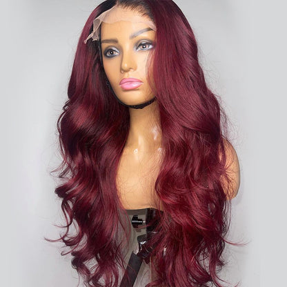 Ying Ombre Burgundy Red with Black Roots Lace Front Wigs Human Hair 13X4 13X6 Body Wave HD Transparent Lace Frontal Wig Human Hair Glueless Lace Closure Wig Pre Plucked