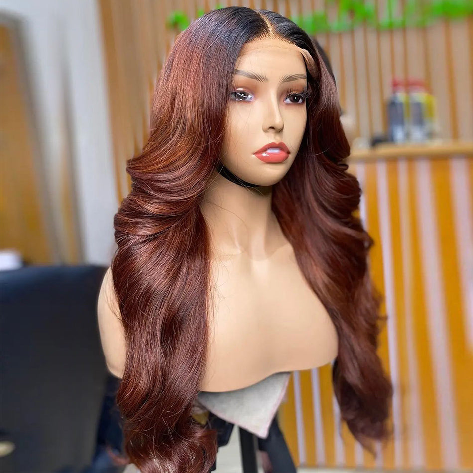 Ying Ginger Red Brown With Black Roots HD 13x6 13x4 Lace Frontal Wigs For Black Women 12A 5x5 4x4 Lace Closure Wig Transparent Lace Front Body Wave Wig Pre Plucked With Baby Hair