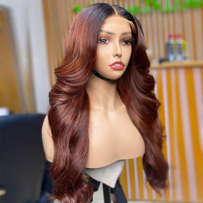 Ying Ginger Red Brown With Black Roots HD 13x6 13x4 Lace Frontal Wigs For Black Women 12A 5x5 4x4 Lace Closure Wig Transparent Lace Front Body Wave Wig Pre Plucked With Baby Hair