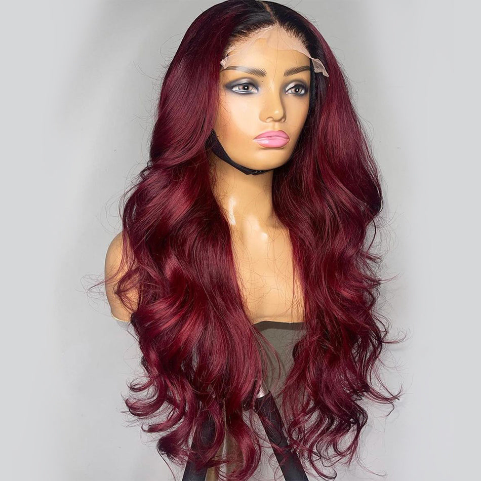 Ying Ombre Burgundy Red with Black Roots Lace Front Wigs Human Hair 13X4 13X6 Body Wave HD Transparent Lace Frontal Wig Human Hair Glueless Lace Closure Wig Pre Plucked