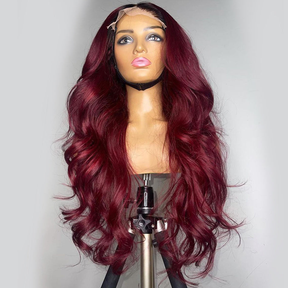 Ying Ombre Burgundy Red with Black Roots Lace Front Wigs Human Hair 13X4 13X6 Body Wave HD Transparent Lace Frontal Wig Human Hair Glueless Lace Closure Wig Pre Plucked