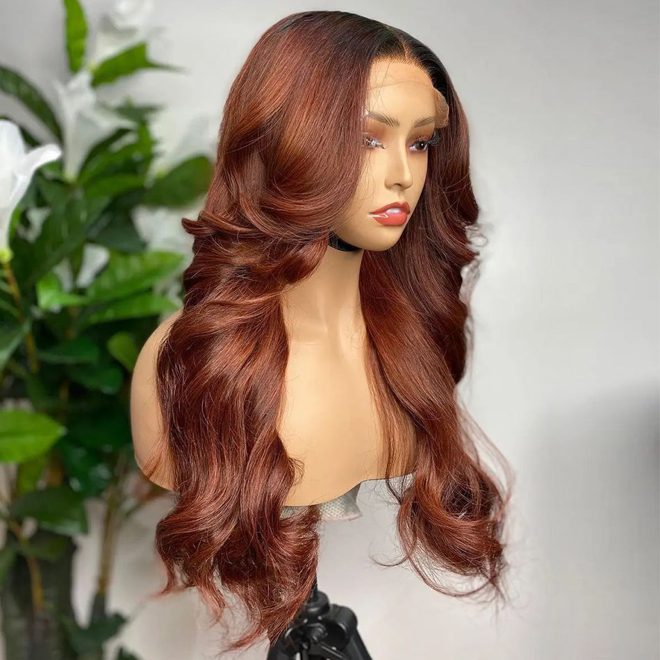 Ying Ginger Red Brown With Black Roots HD 13x6 13x4 Lace Frontal Wigs For Black Women 12A 5x5 4x4 Lace Closure Wig Transparent Lace Front Body Wave Wig Pre Plucked With Baby Hair