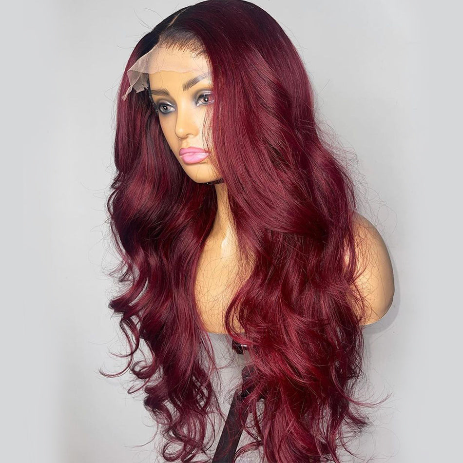 Ying Ombre Burgundy Red with Black Roots Lace Front Wigs Human Hair 13X4 13X6 Body Wave HD Transparent Lace Frontal Wig Human Hair Glueless Lace Closure Wig Pre Plucked